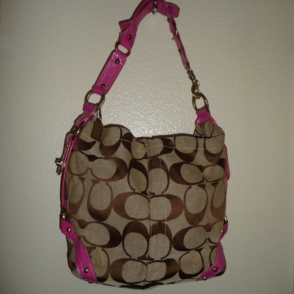Coach "Carly" Signature C Canvas Purse Shoulder Bag Leather-Trim, Tan/Pink